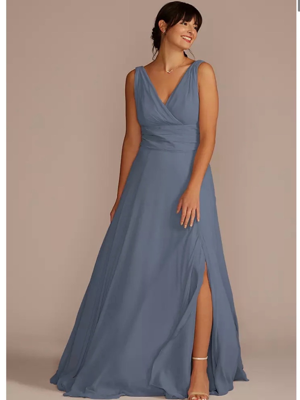 Long Chiffon Surplice Tank Bridesmaid Dress | David’s Bridal | Steel BlueSize 26